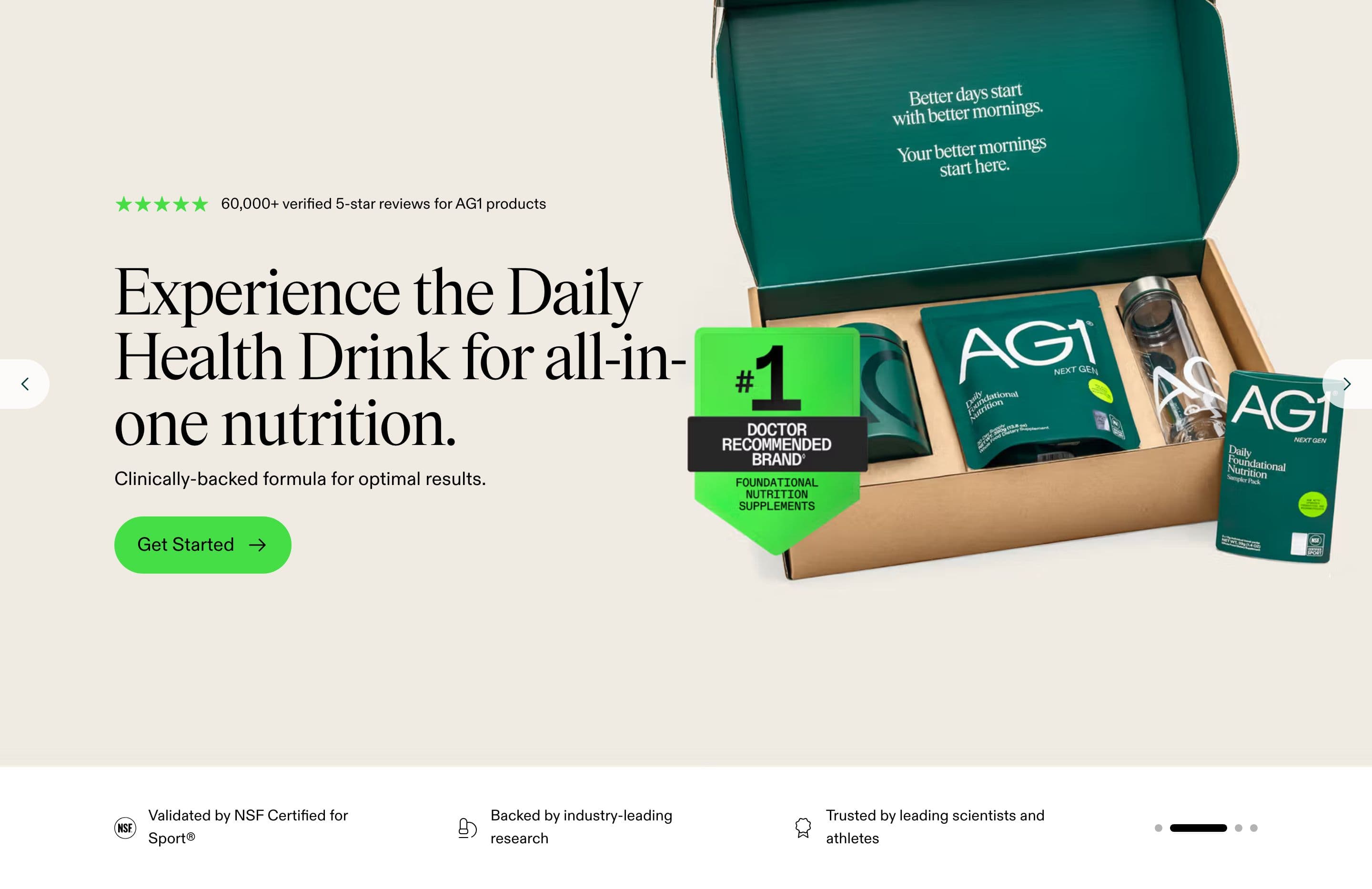 Hero section from AG1 Official, a supplements & wellness Shopify store — desktop screenshot