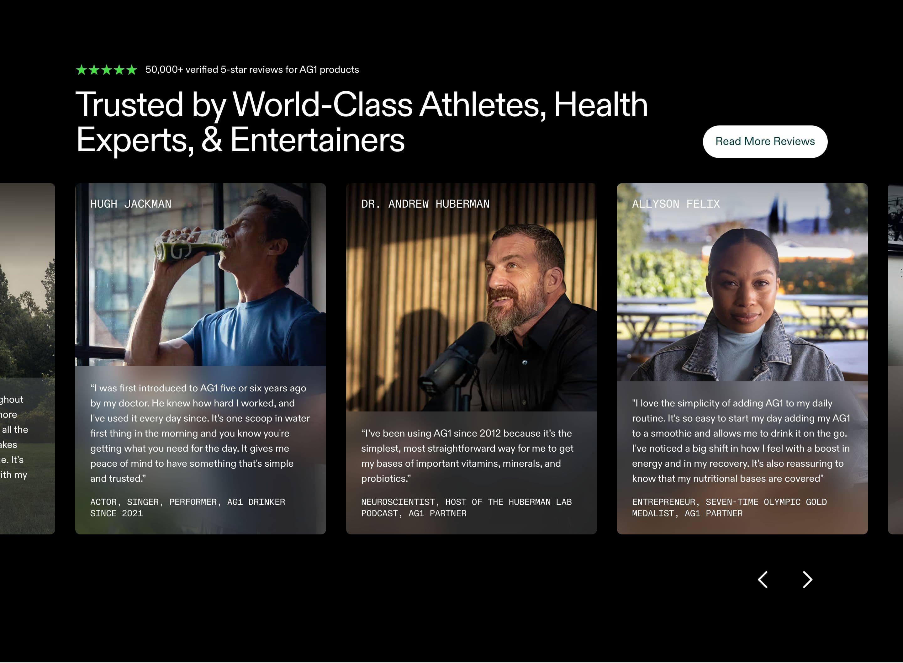 Testimonial section from AG1 Official, a supplements & wellness Shopify store — desktop screenshot