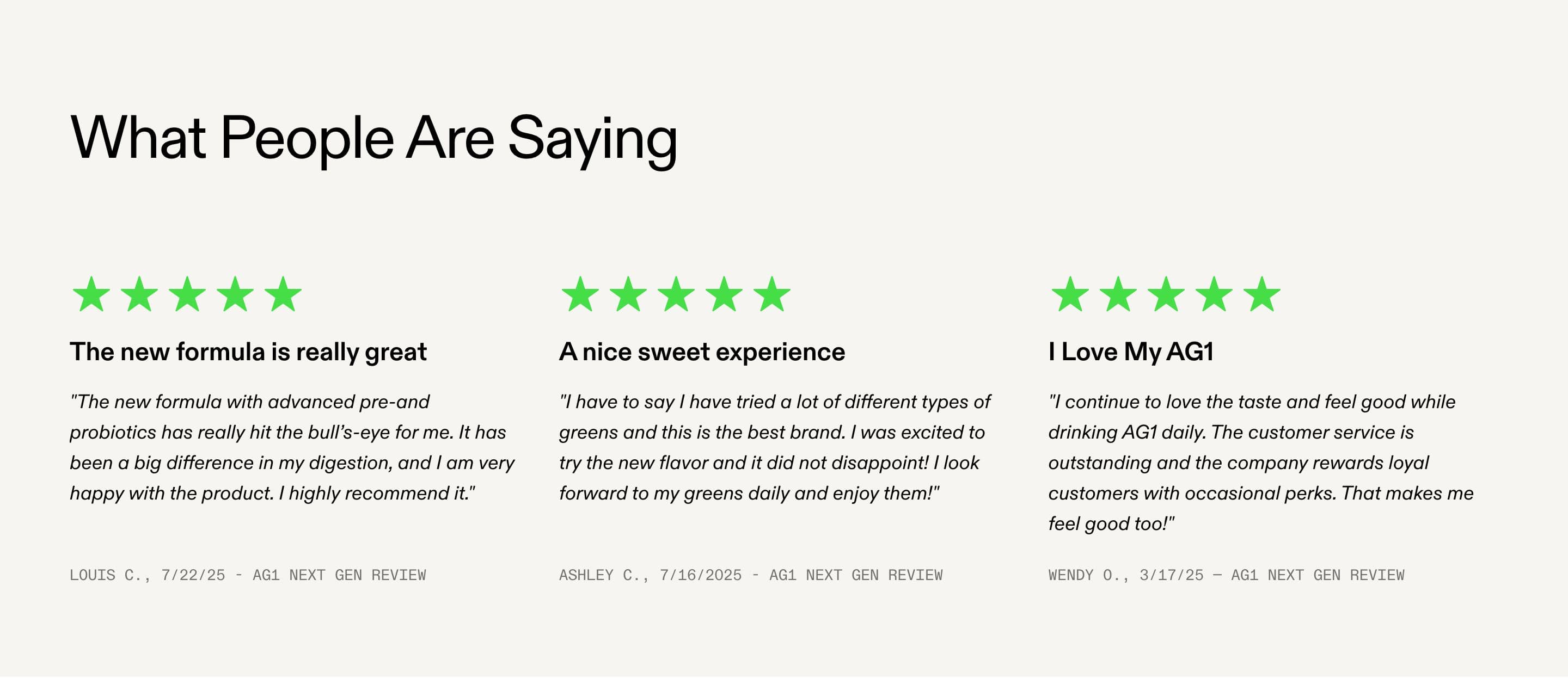 Testimonial section from AG1 Official, a supplements & wellness Shopify store — desktop screenshot