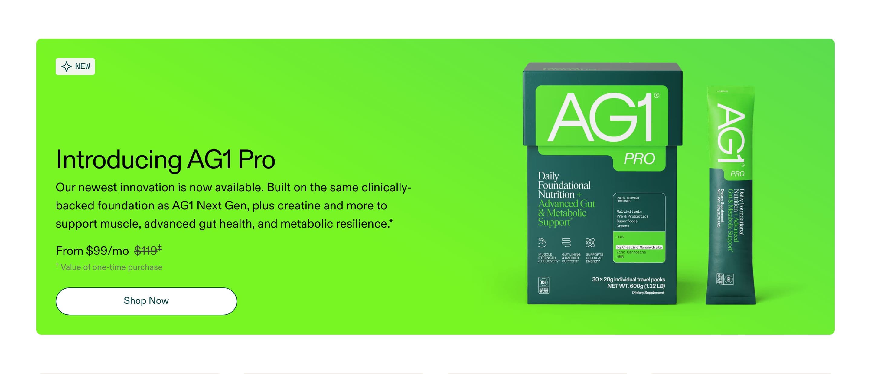 Hero section from AG1 Official, a supplements & wellness Shopify store — desktop screenshot