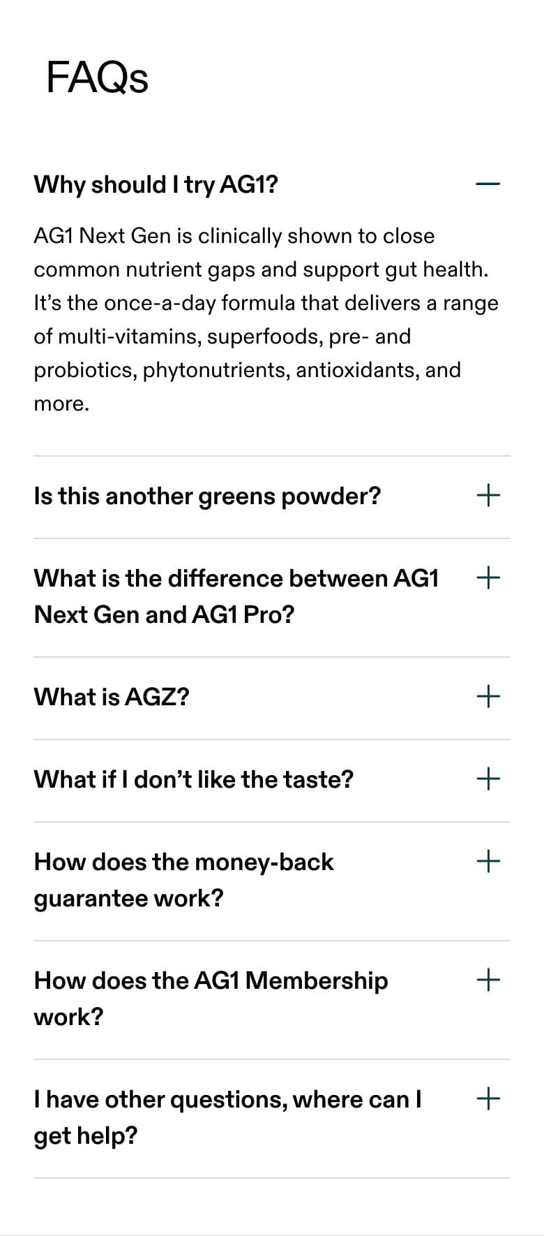 FAQ section from AG1 Official, a supplements & wellness Shopify store — mobile screenshot