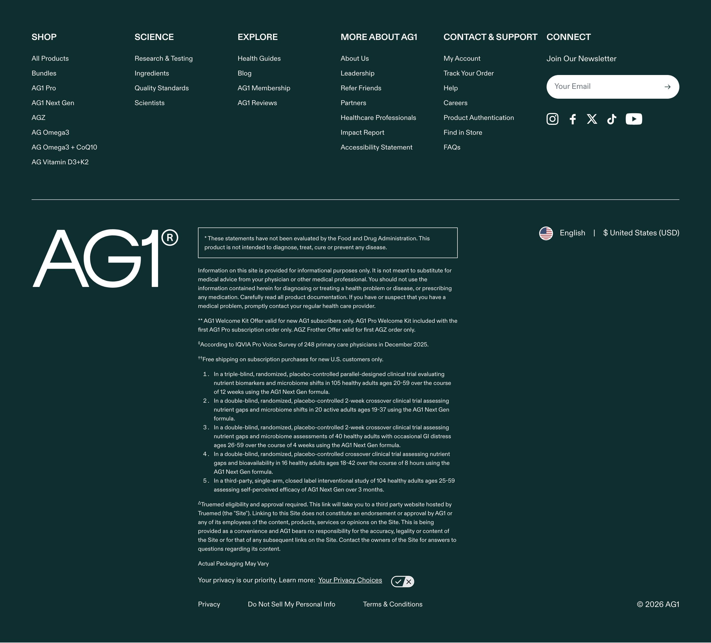 Footer section from AG1 Official, a supplements & wellness Shopify store — desktop screenshot