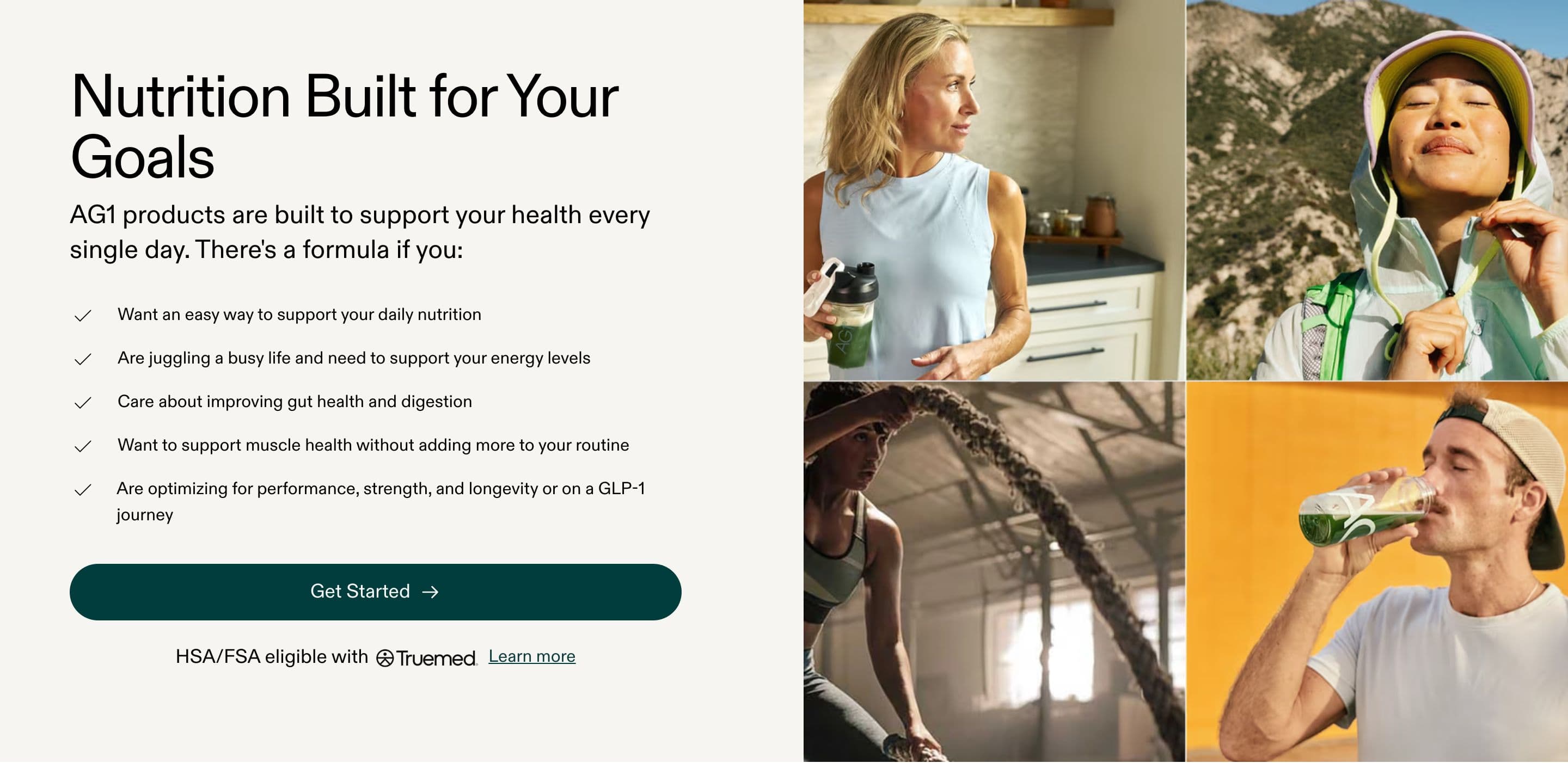 Image with Text section from AG1 Official, a supplements & wellness Shopify store — desktop screenshot