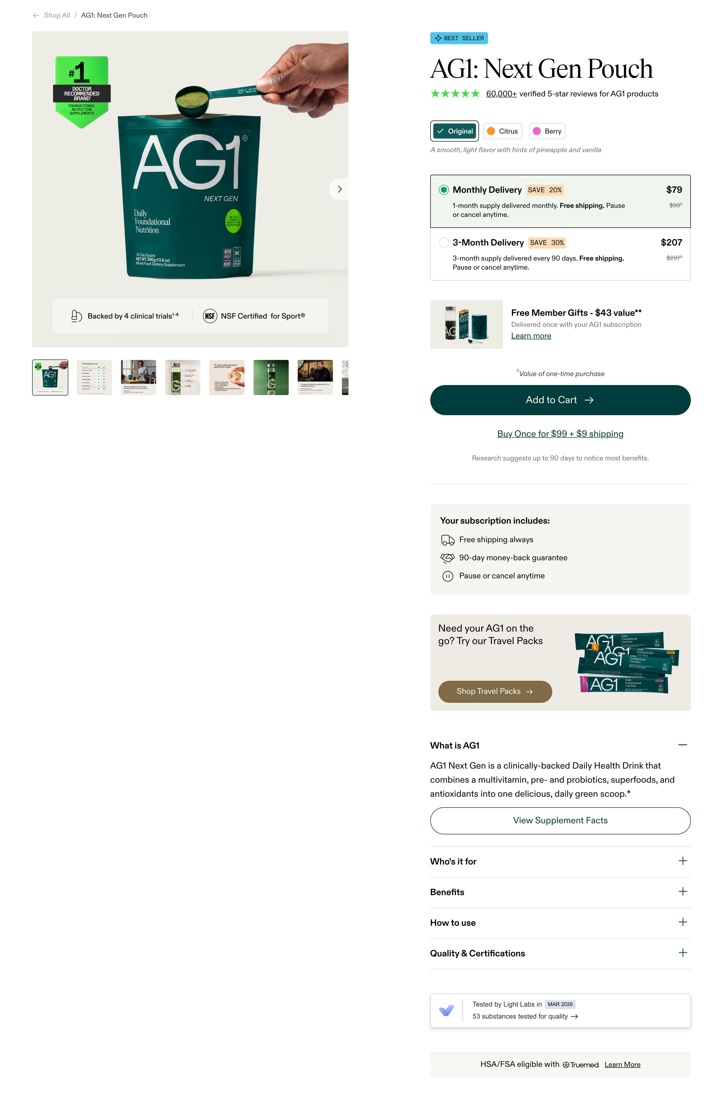Buy Box & Add-to-Cart section from AG1 Official, a supplements & wellness Shopify store — desktop screenshot