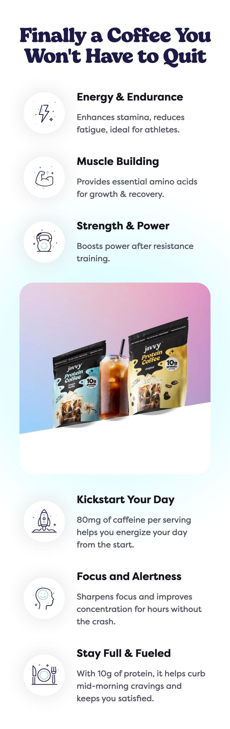 Benefit Row & Icon Features section from Javvy Coffee, a food & beverage Shopify store — mobile screenshot