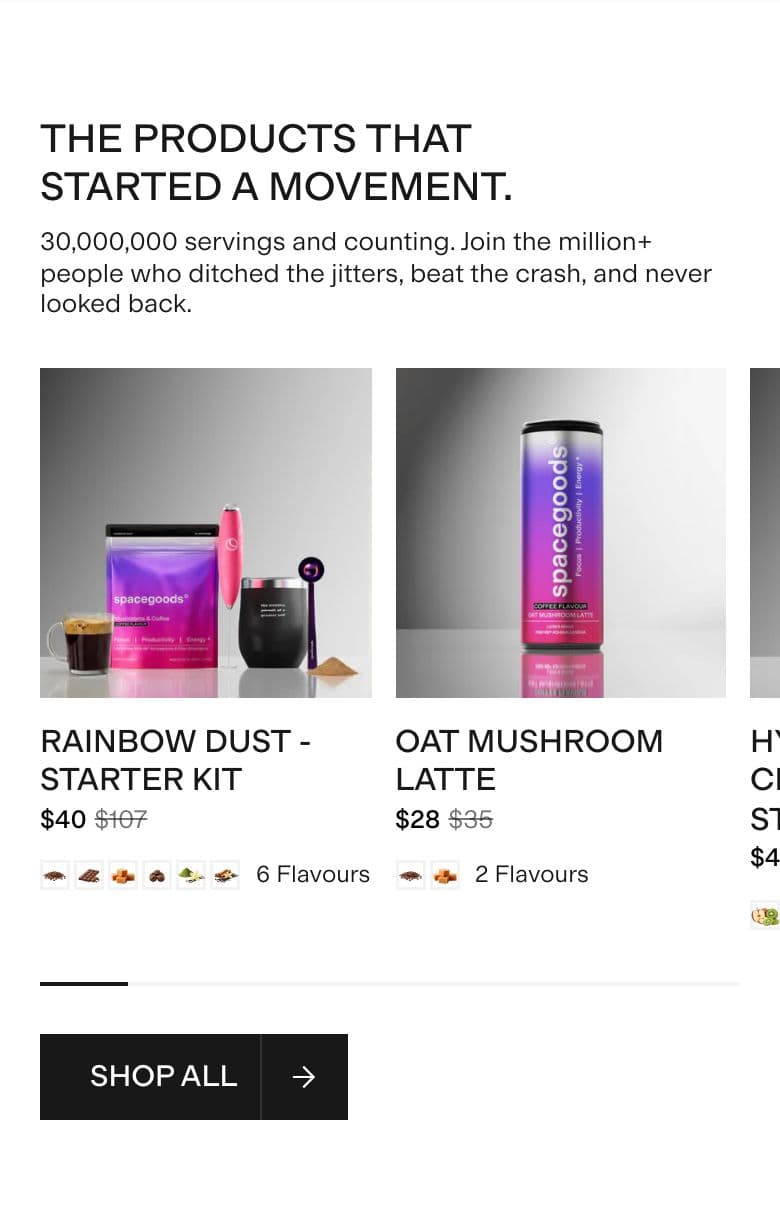 Collection / Product Grid section from Spacegoods, a supplements & wellness Shopify store — mobile screenshot