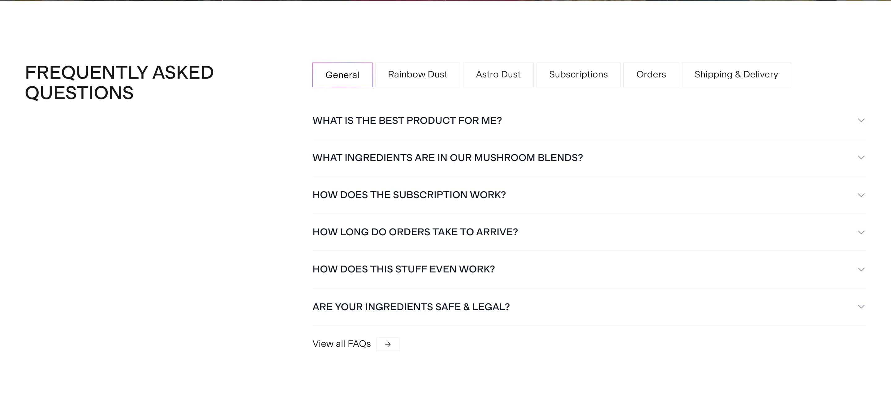 FAQ section from Spacegoods, a supplements & wellness Shopify store — desktop screenshot