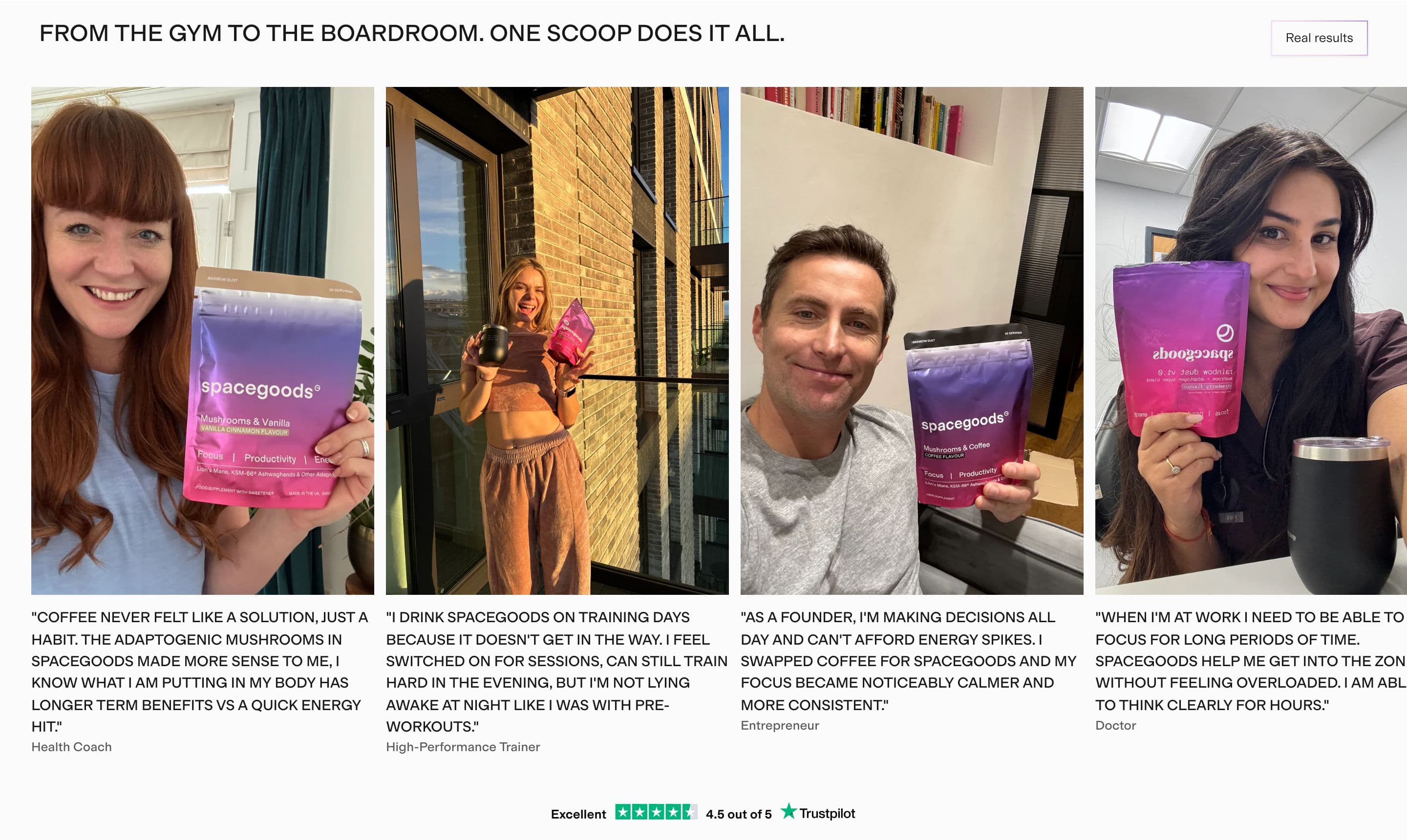 Testimonial section from Spacegoods, a supplements & wellness Shopify store — desktop screenshot