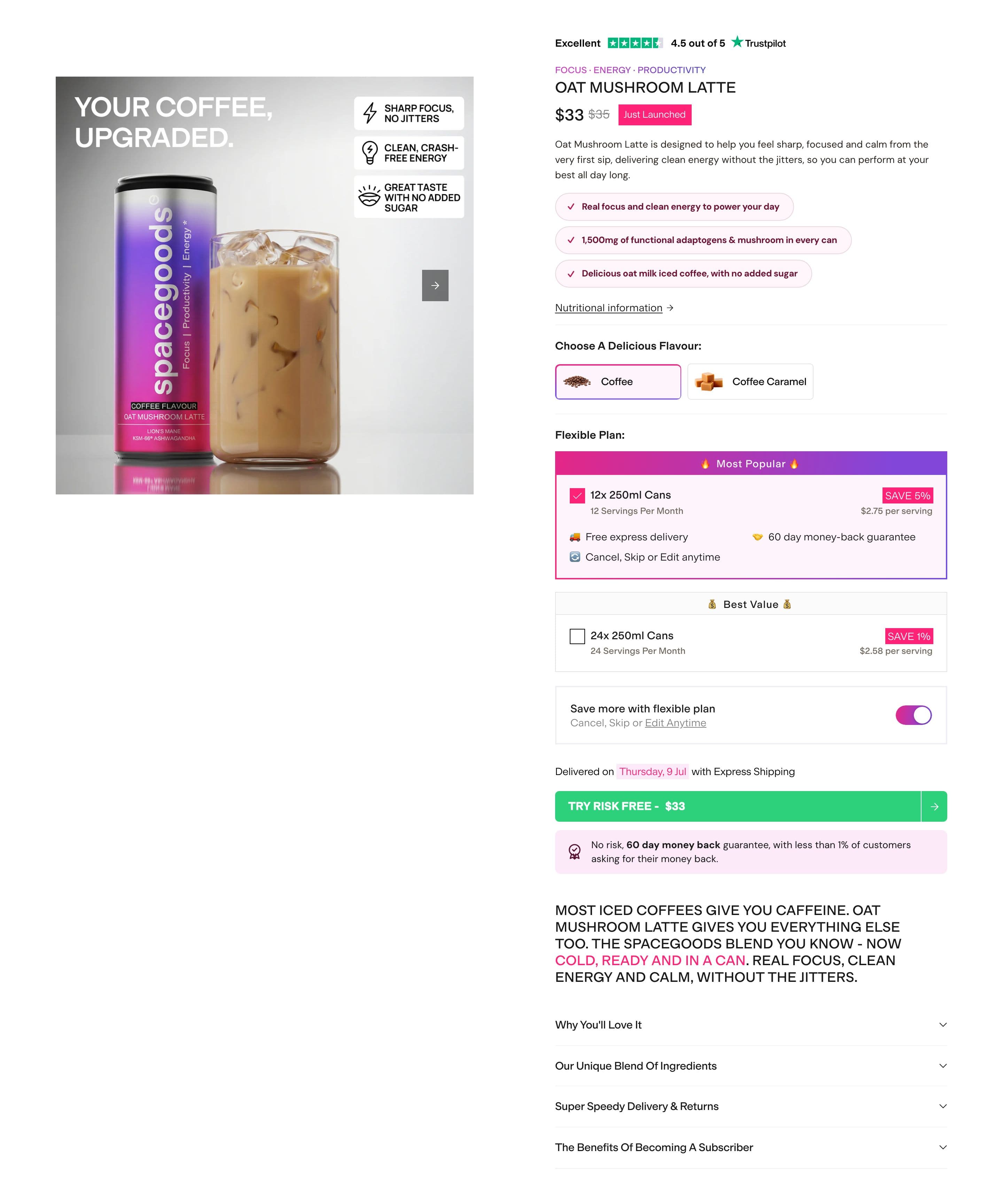 Buy Box & Add-to-Cart section from Spacegoods, a supplements & wellness Shopify store — desktop screenshot