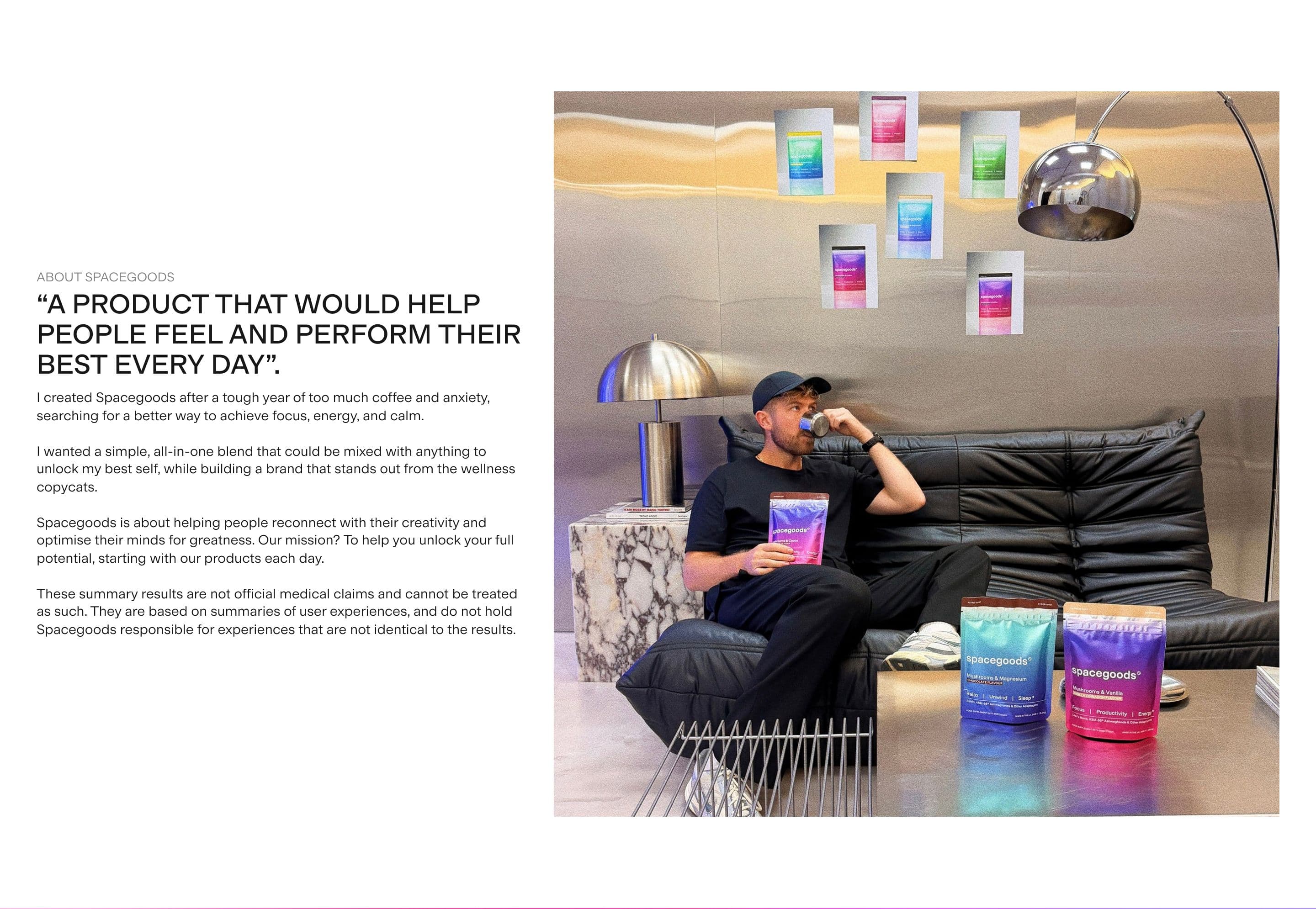 Founder / Brand Story section from Spacegoods, a supplements & wellness Shopify store — desktop screenshot