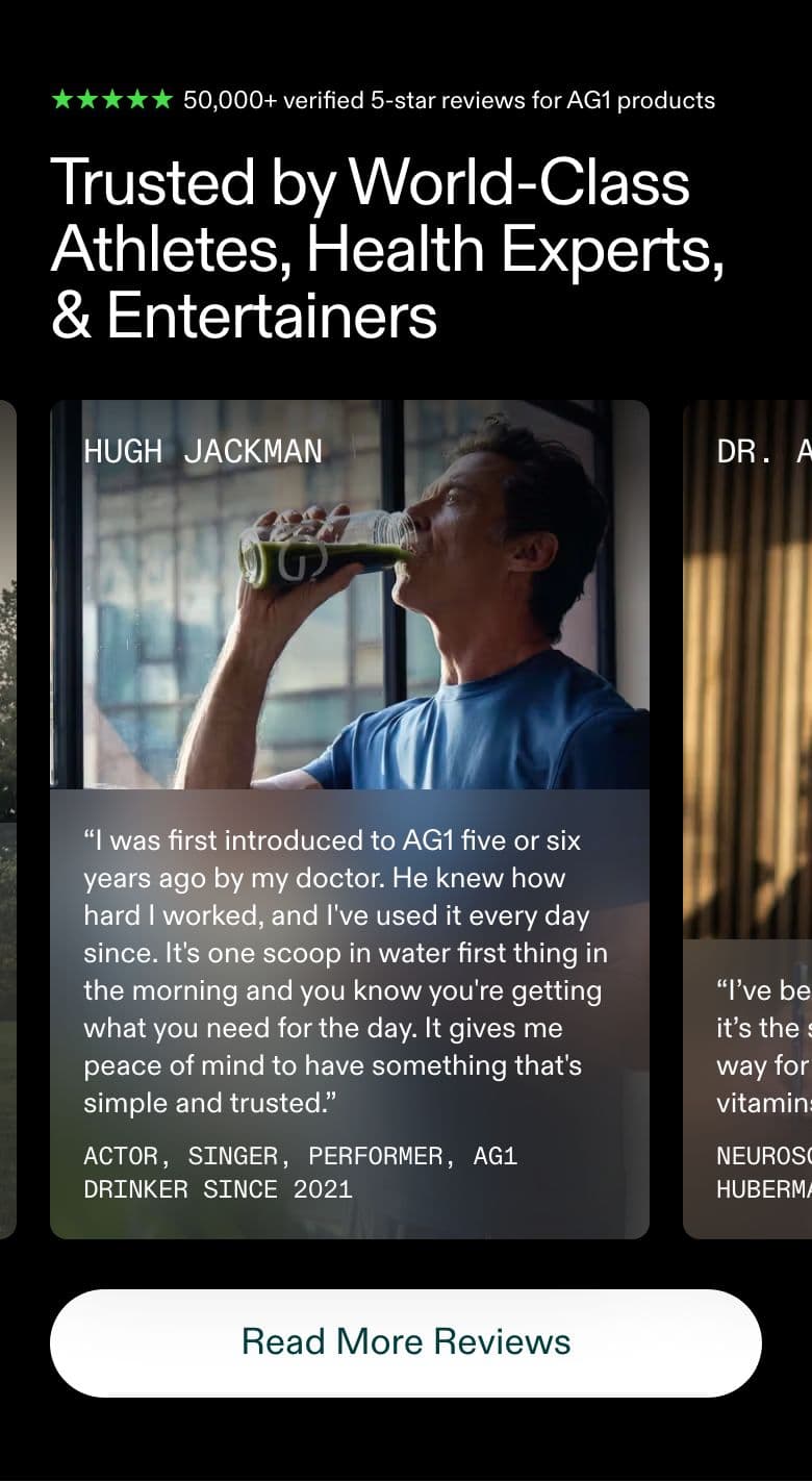 Testimonial section from AG1 Official, a supplements & wellness Shopify store — mobile screenshot