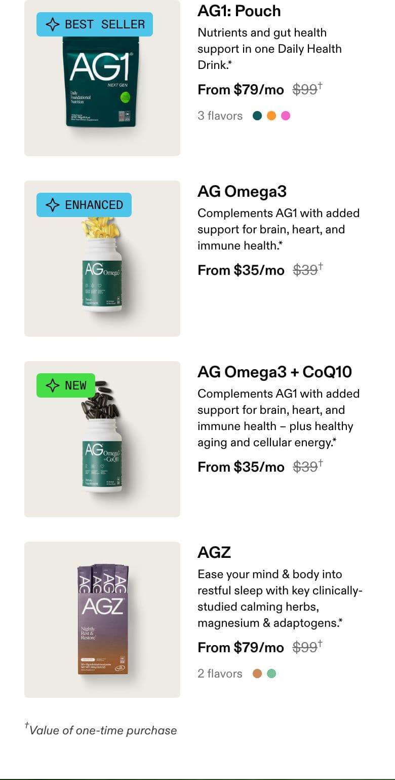 Collection / Product Grid section from AG1 Official, a supplements & wellness Shopify store — mobile screenshot