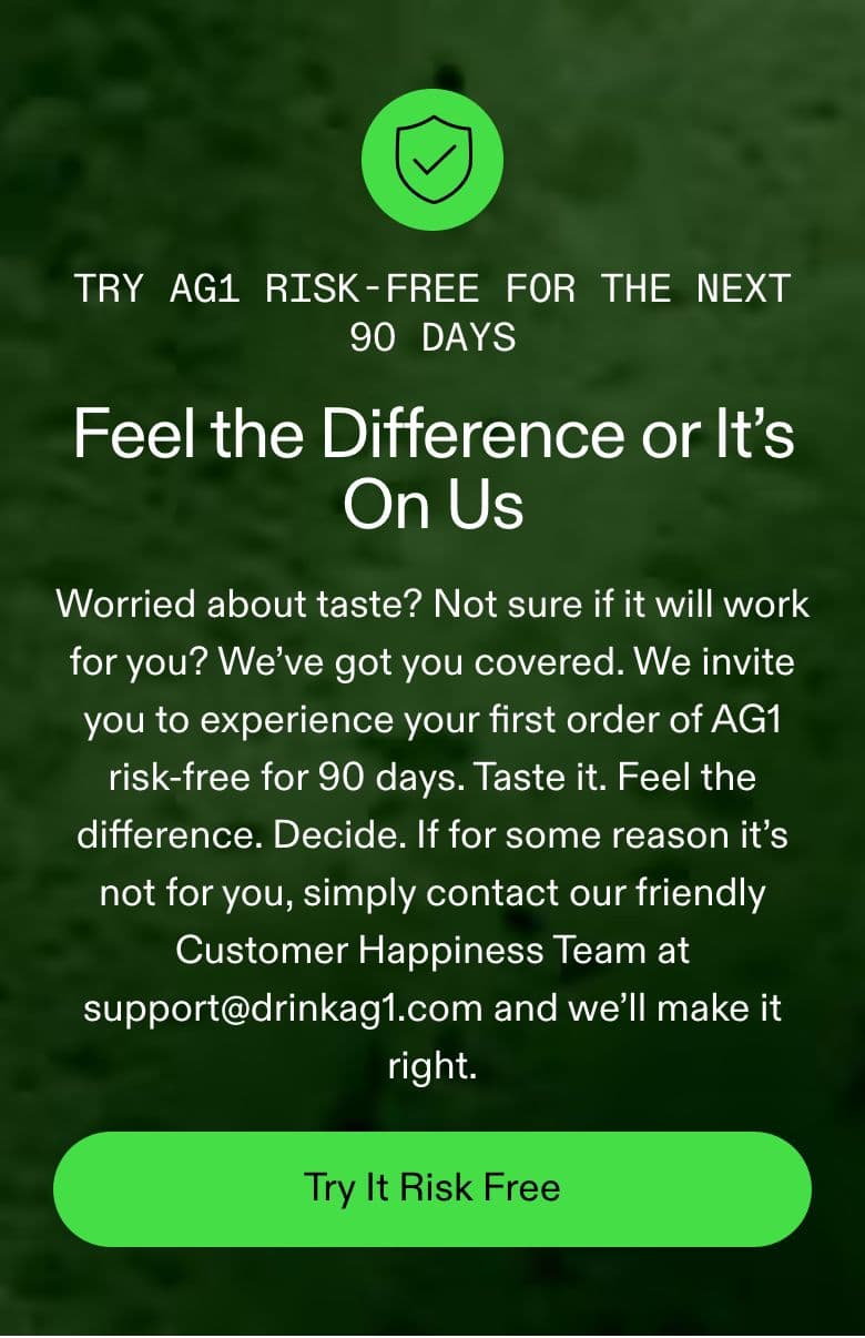 Trust Badges & Guarantees section from AG1 Official, a supplements & wellness Shopify store — mobile screenshot