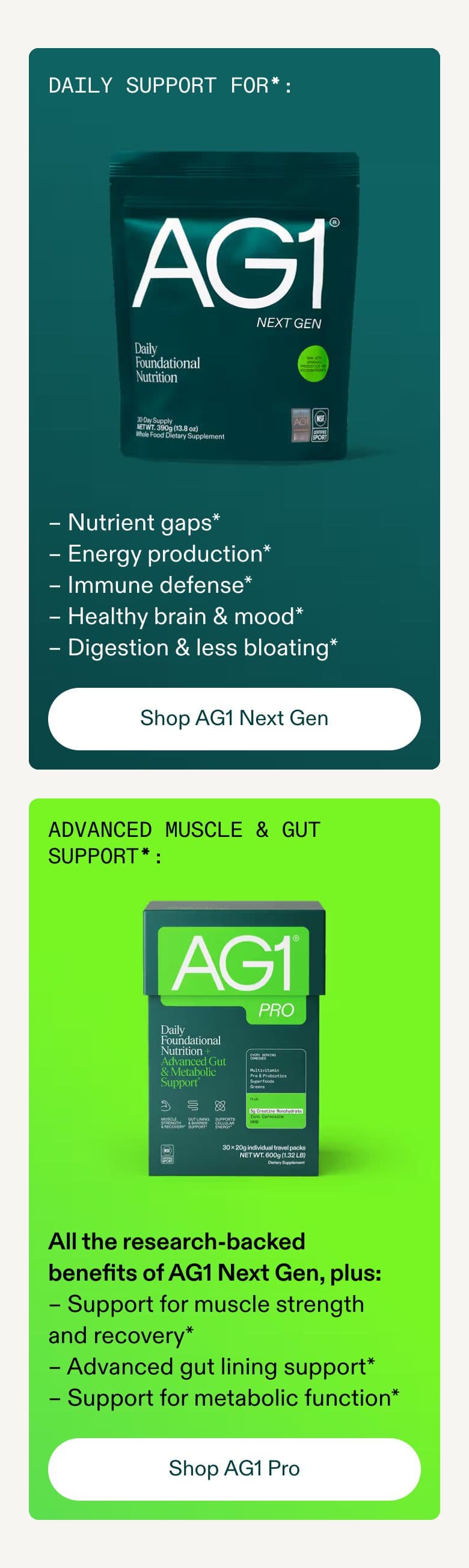 Bundle & Upsell section from AG1 Official, a supplements & wellness Shopify store — mobile screenshot
