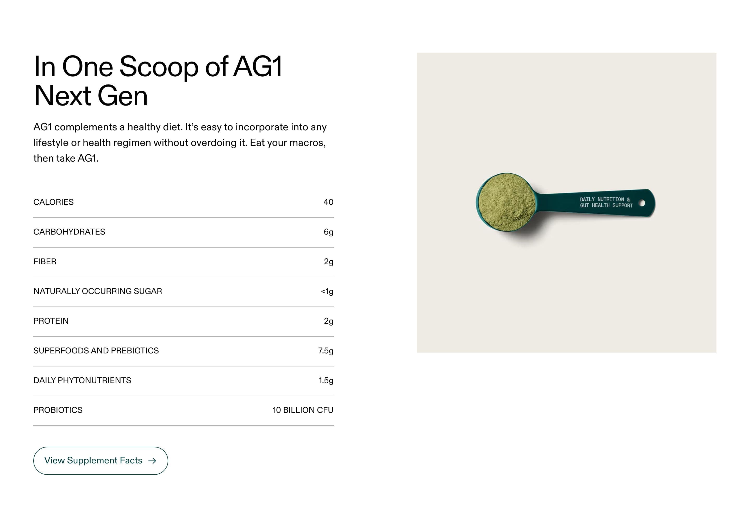 Ingredients / How-to-Use section from AG1 Official, a supplements & wellness Shopify store — desktop screenshot