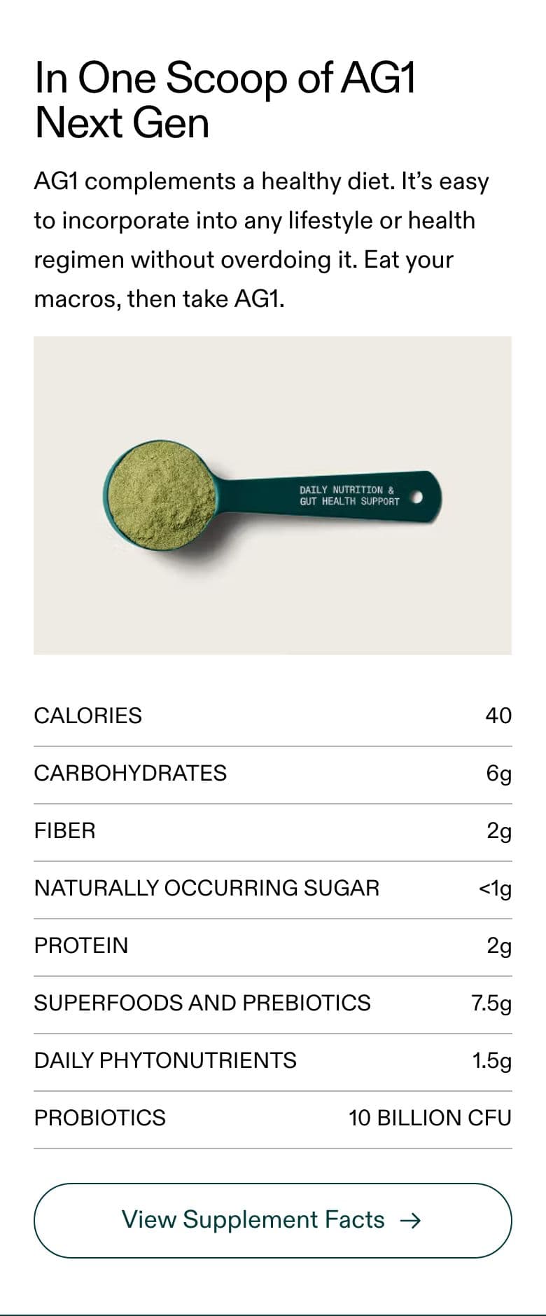 Ingredients / How-to-Use section from AG1 Official, a supplements & wellness Shopify store — mobile screenshot