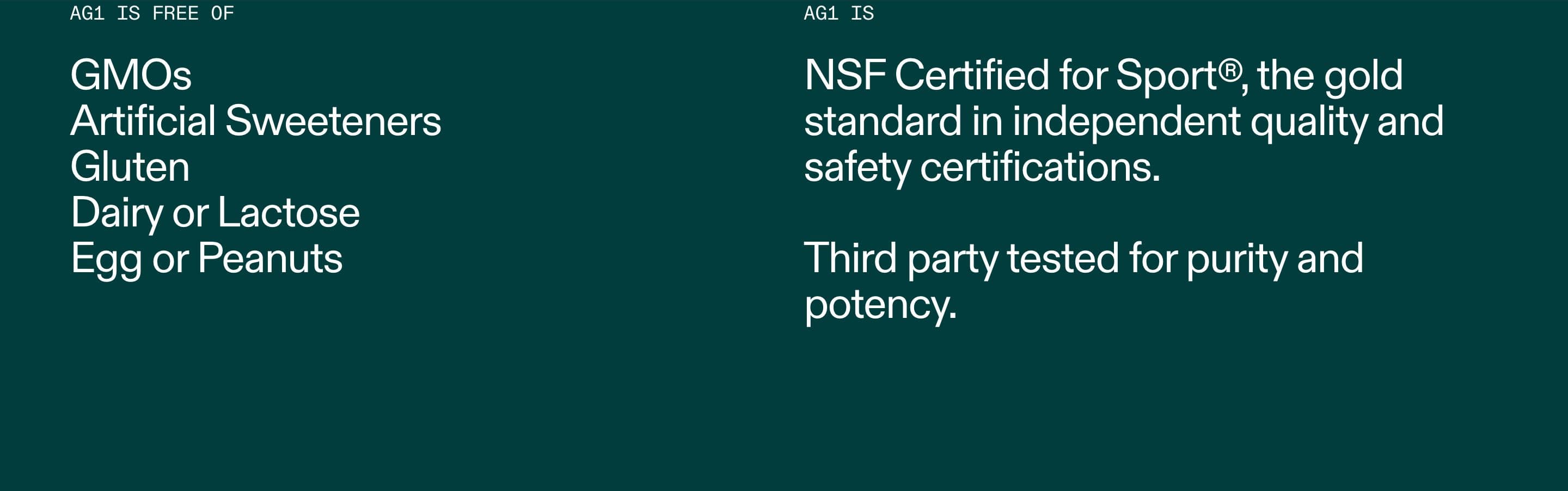Trust Badges & Guarantees section from AG1 Official, a supplements & wellness Shopify store — desktop screenshot