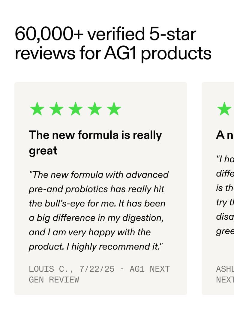 Reviews & Ratings section from AG1 Official, a supplements & wellness Shopify store — mobile screenshot
