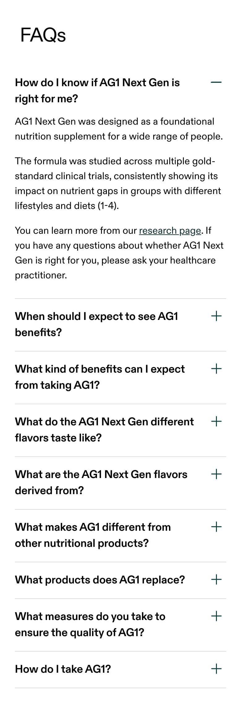 FAQ section from AG1 Official, a supplements & wellness Shopify store — mobile screenshot