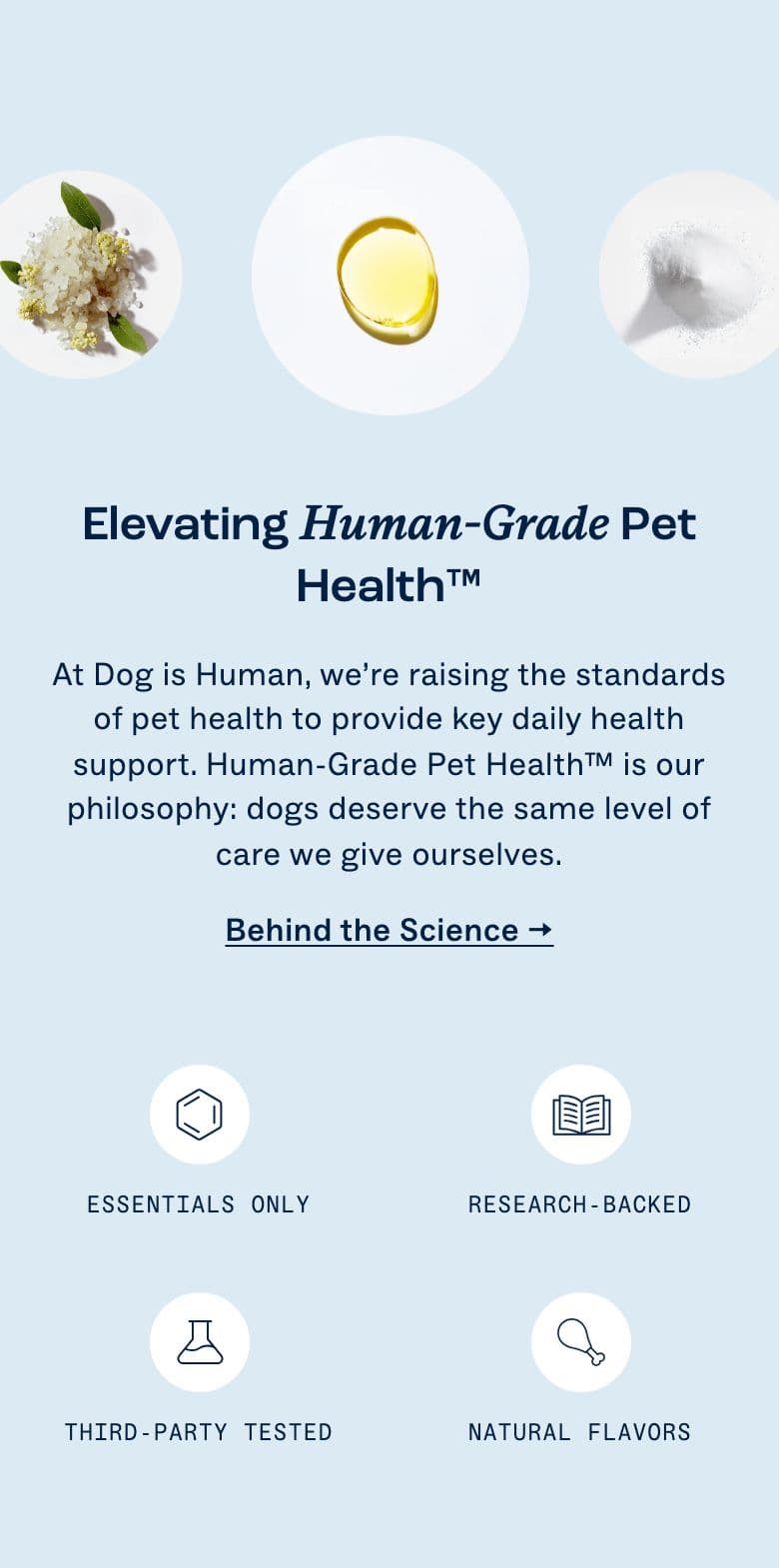 Benefit Row & Icon Features section from Dog Is Human, a pet Shopify store — mobile screenshot