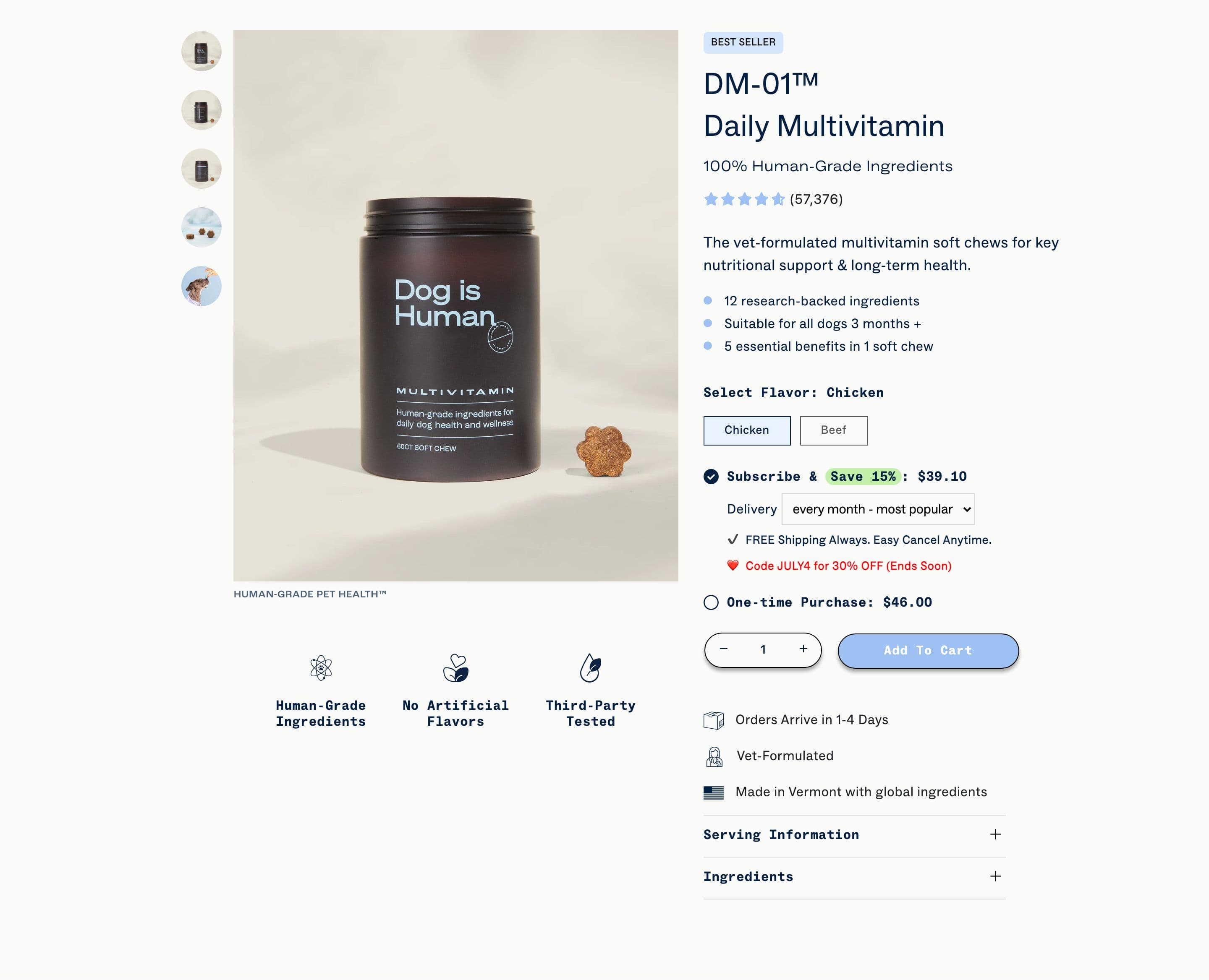 Buy Box & Add-to-Cart section from Dog Is Human, a pet Shopify store — desktop screenshot