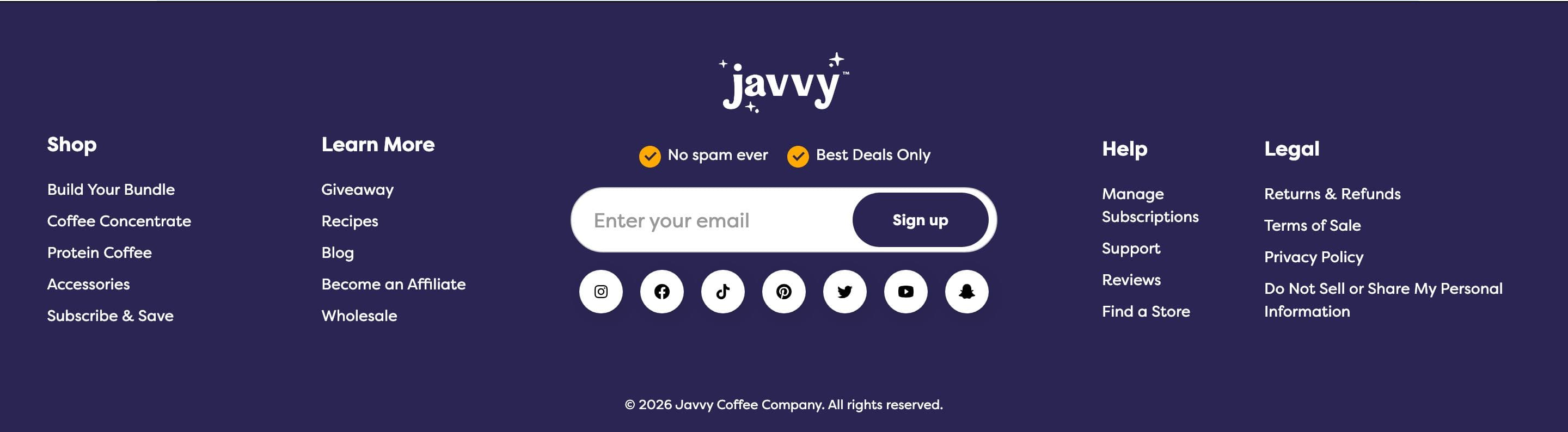 Footer section from Javvy Coffee, a food & beverage Shopify store — desktop screenshot