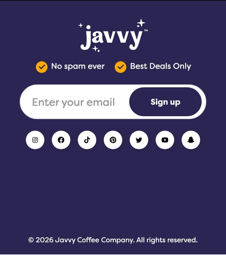 Footer section from Javvy Coffee, a food & beverage Shopify store — mobile screenshot