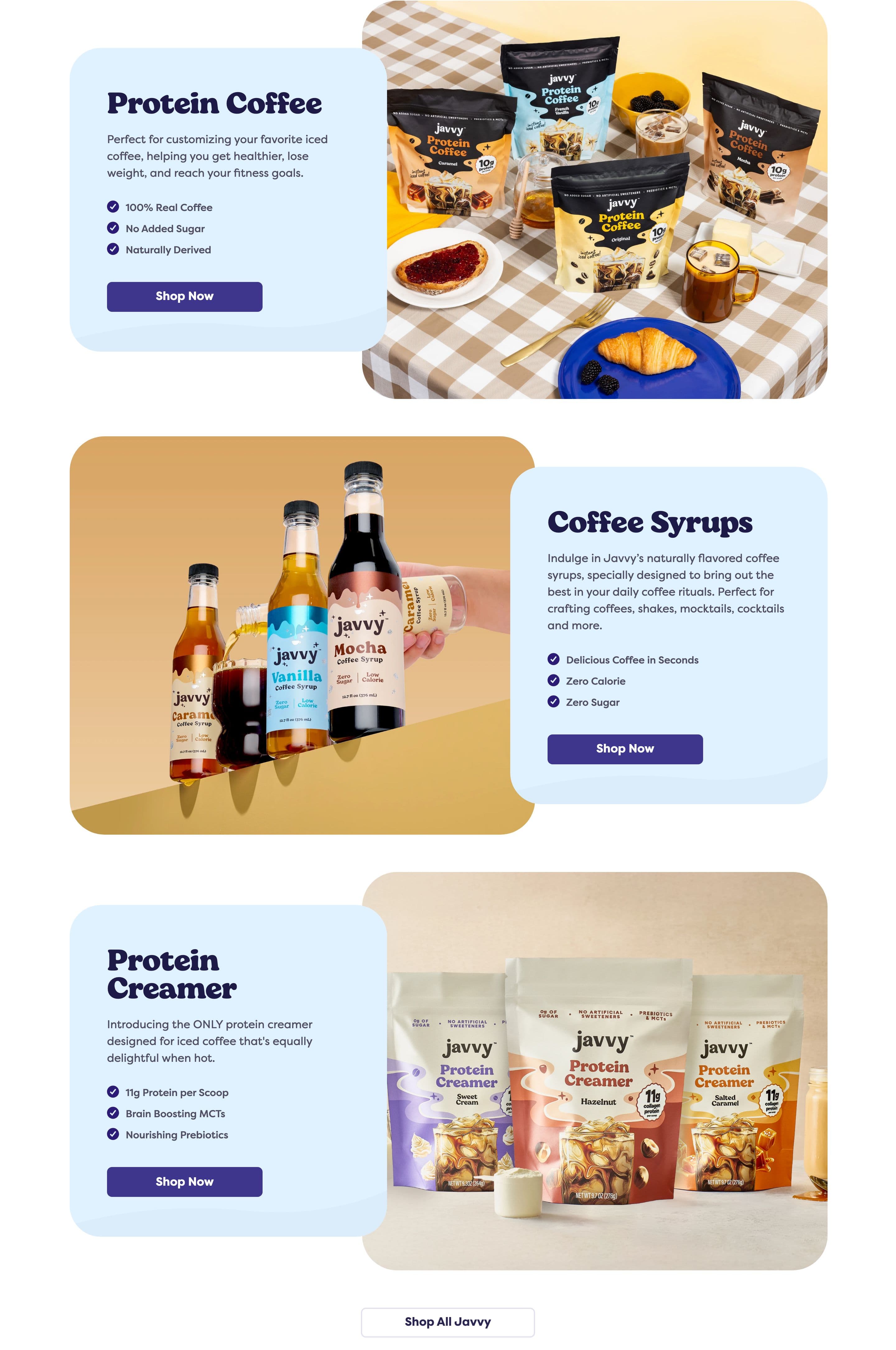 Collection / Product Grid section from Javvy Coffee, a food & beverage Shopify store — desktop screenshot