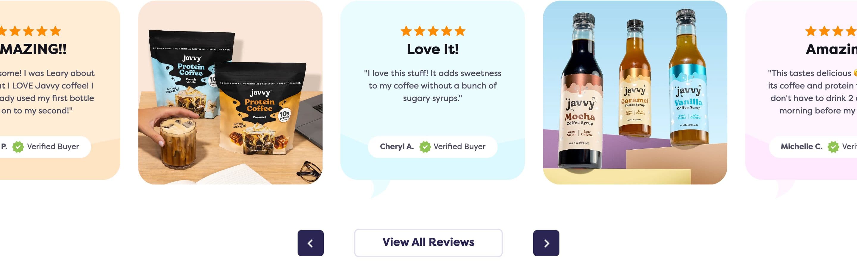 Reviews & Ratings section from Javvy Coffee, a food & beverage Shopify store — desktop screenshot