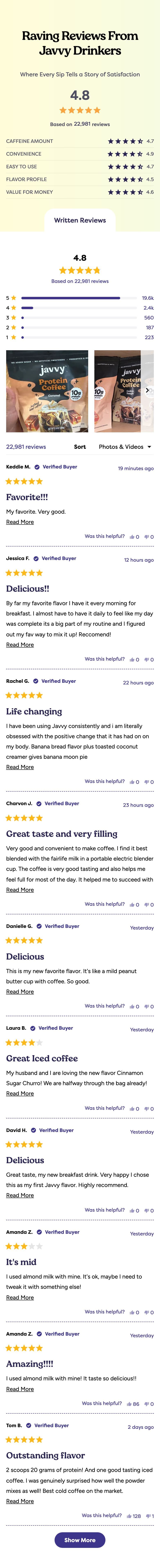 Reviews & Ratings section from Javvy Coffee, a food & beverage Shopify store — mobile screenshot