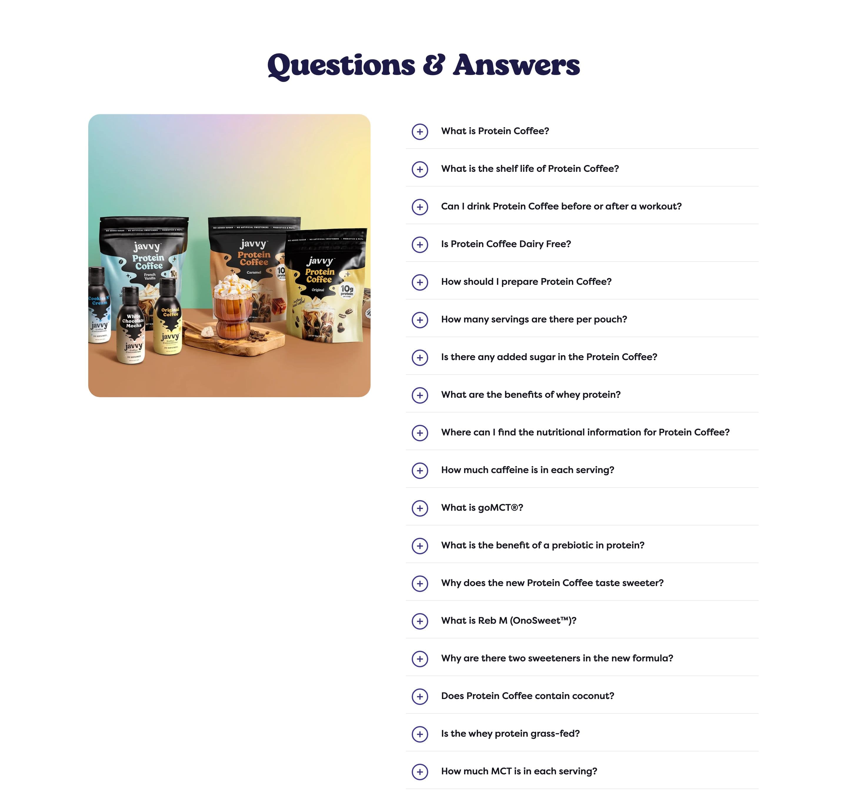 FAQ section from Javvy Coffee, a food & beverage Shopify store — desktop screenshot