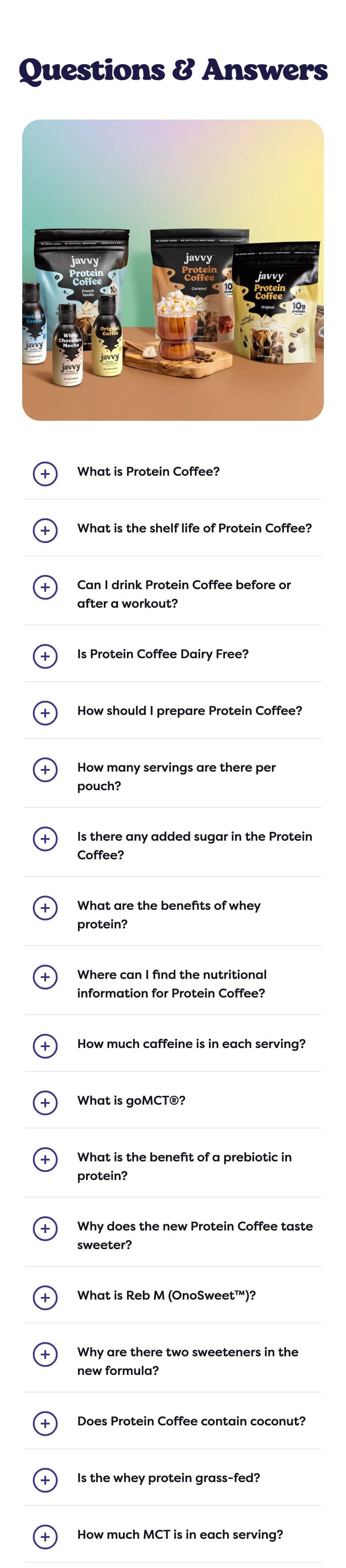 FAQ section from Javvy Coffee, a food & beverage Shopify store — mobile screenshot