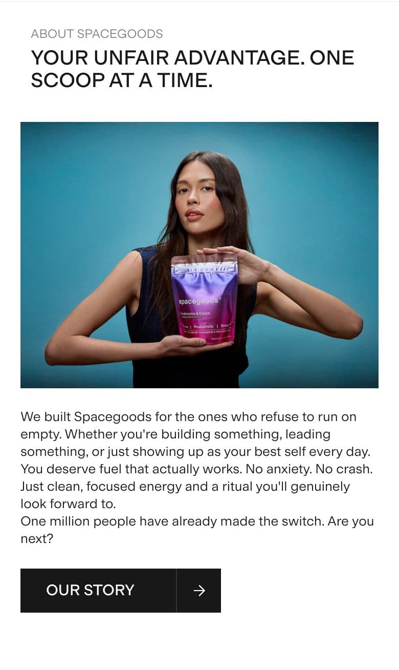 Founder / Brand Story section from Spacegoods, a supplements & wellness Shopify store — mobile screenshot