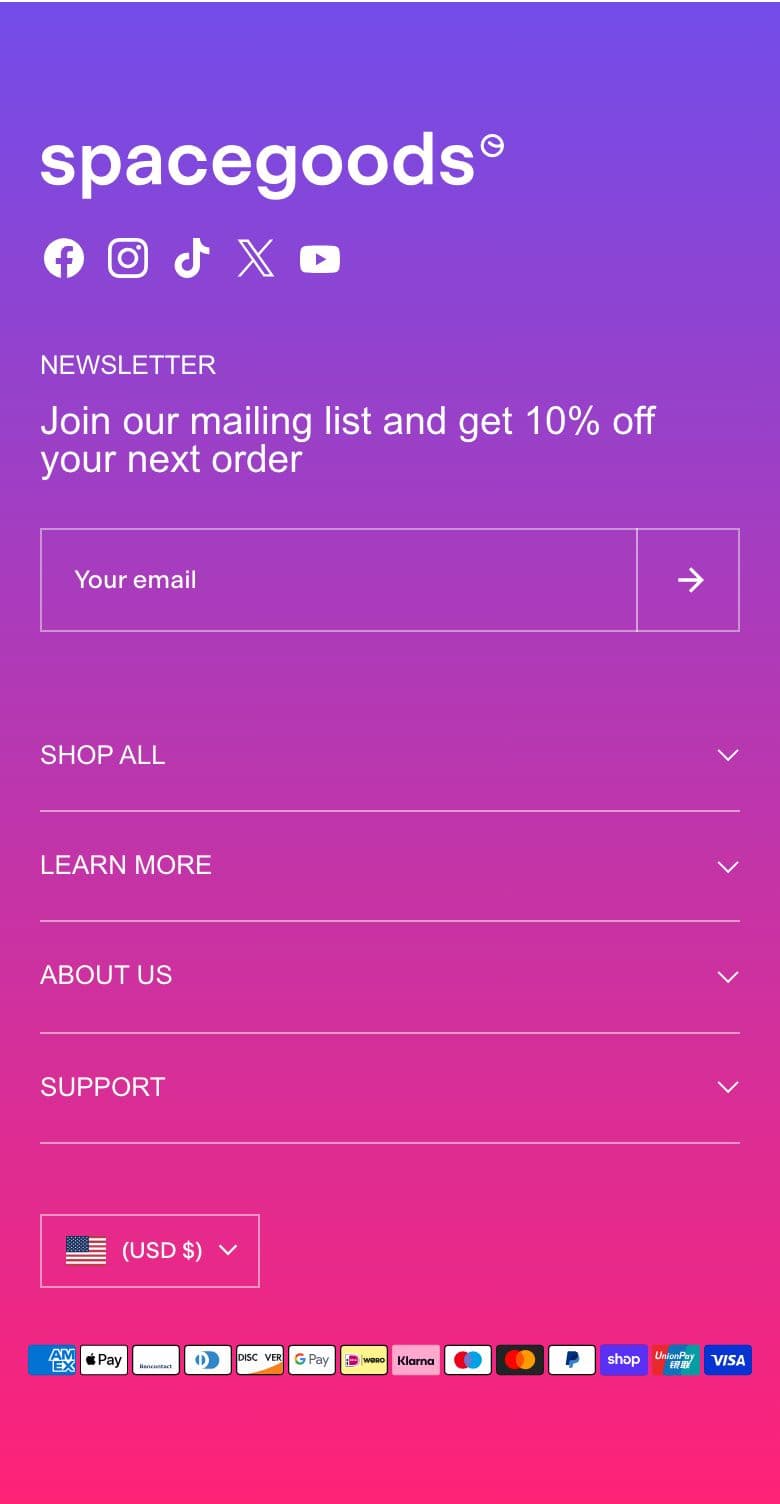Footer section from Spacegoods, a supplements & wellness Shopify store — mobile screenshot
