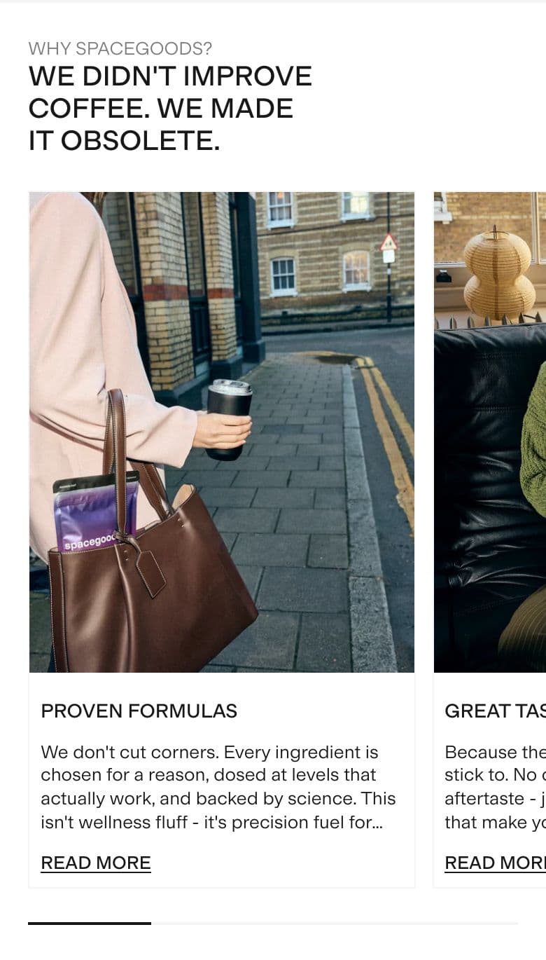 Benefit Row & Icon Features section from Spacegoods, a supplements & wellness Shopify store — mobile screenshot