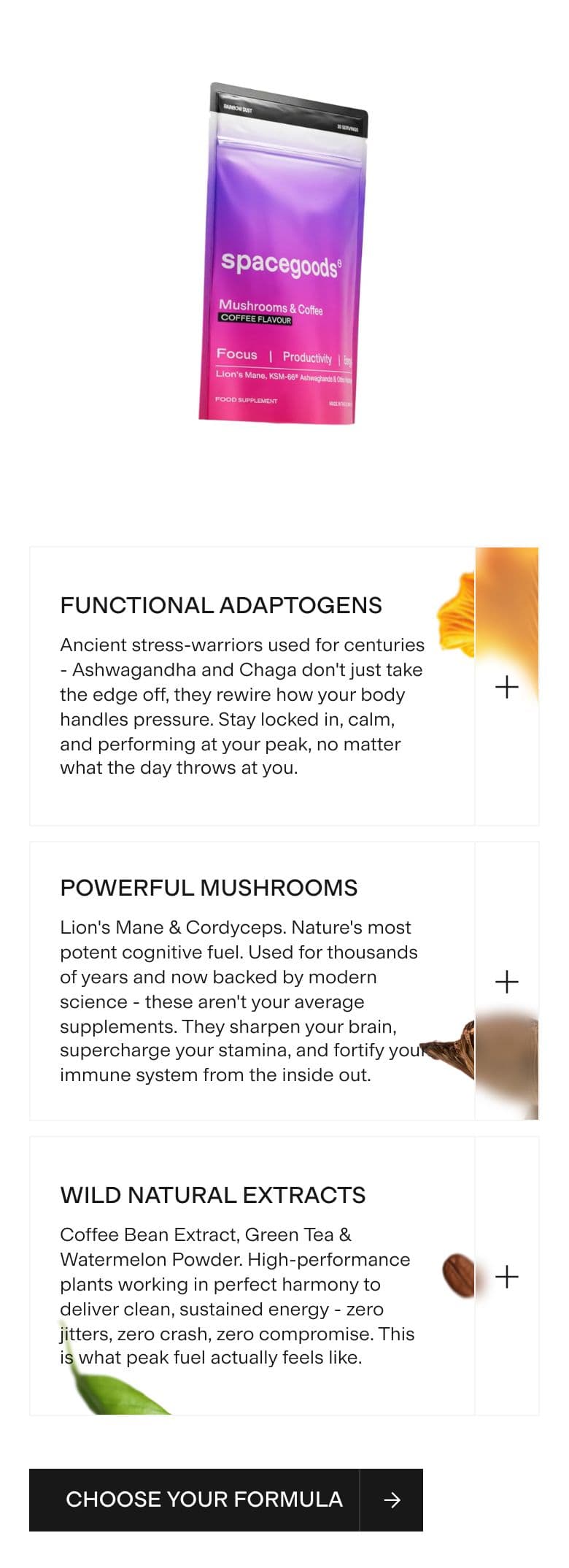 Ingredients / How-to-Use section from Spacegoods, a supplements & wellness Shopify store — mobile screenshot