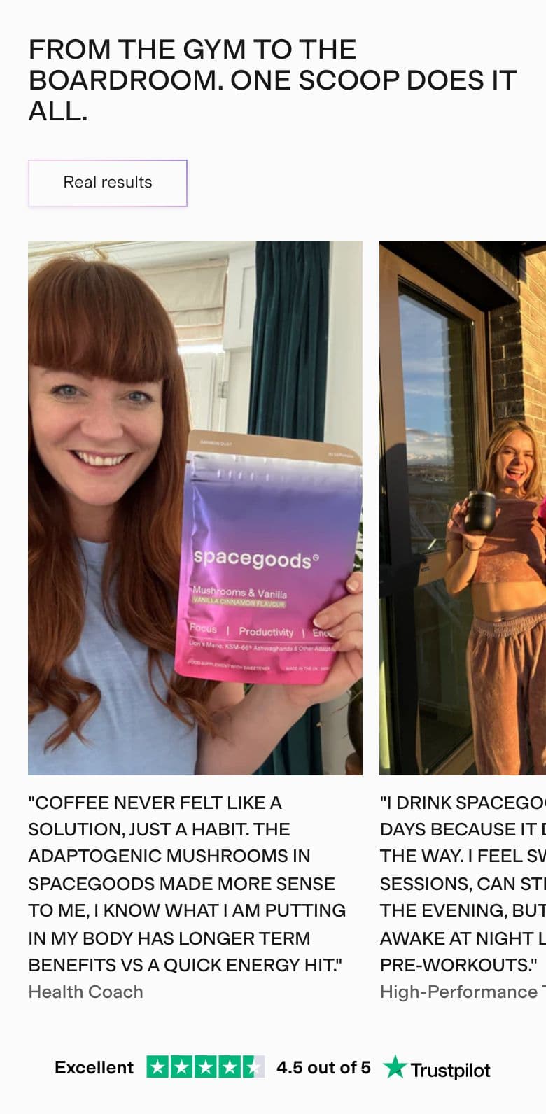 Testimonial section from Spacegoods, a supplements & wellness Shopify store — mobile screenshot