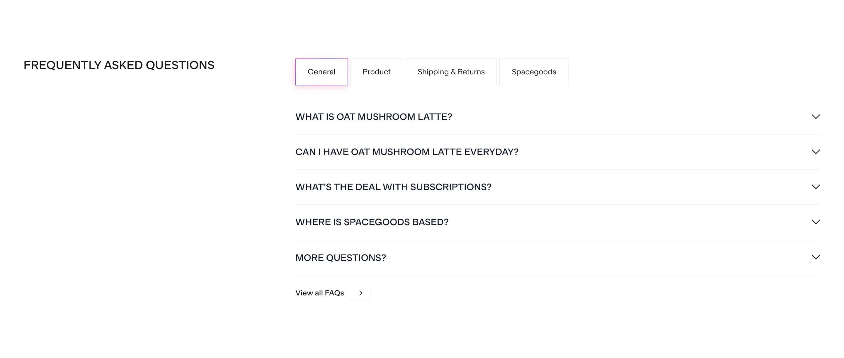 FAQ section from Spacegoods, a supplements & wellness Shopify store — desktop screenshot