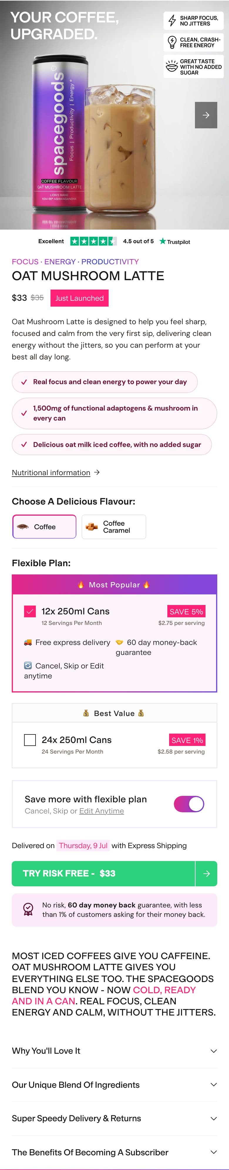 Buy Box & Add-to-Cart section from Spacegoods, a supplements & wellness Shopify store — mobile screenshot